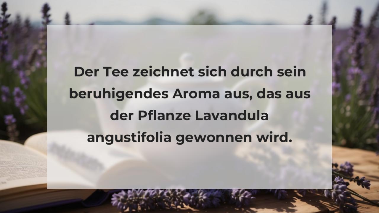 Der Tee zeichnet sich durch sein beruhigendes Aroma aus, das aus der Pflanze Lavandula angustifolia gewonnen wird.