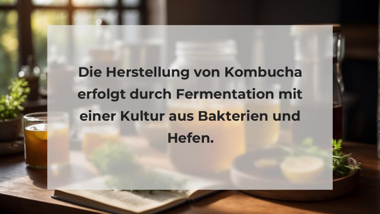 Die Herstellung von Kombucha erfolgt durch Fermentation mit einer Kultur aus Bakterien und Hefen.