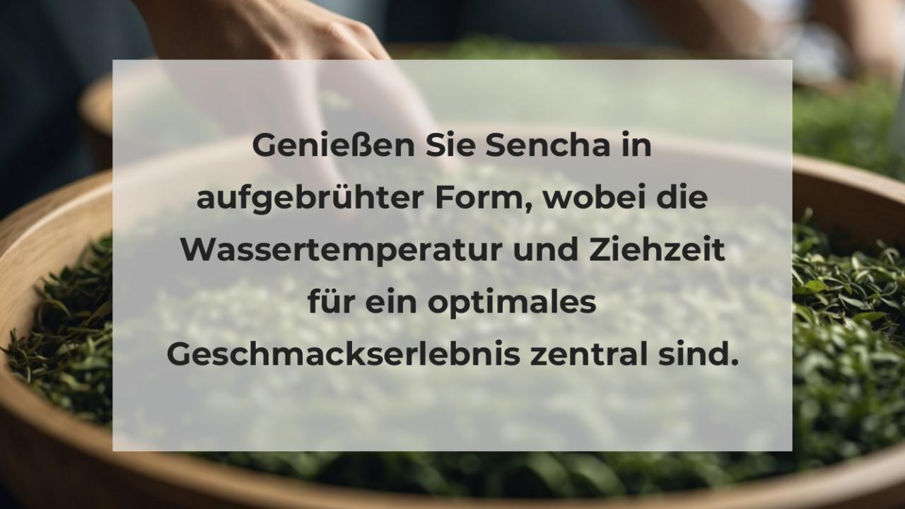 Genießen Sie Sencha in aufgebrühter Form, wobei die Wassertemperatur und Ziehzeit für ein optimales Geschmackserlebnis zentral sind.